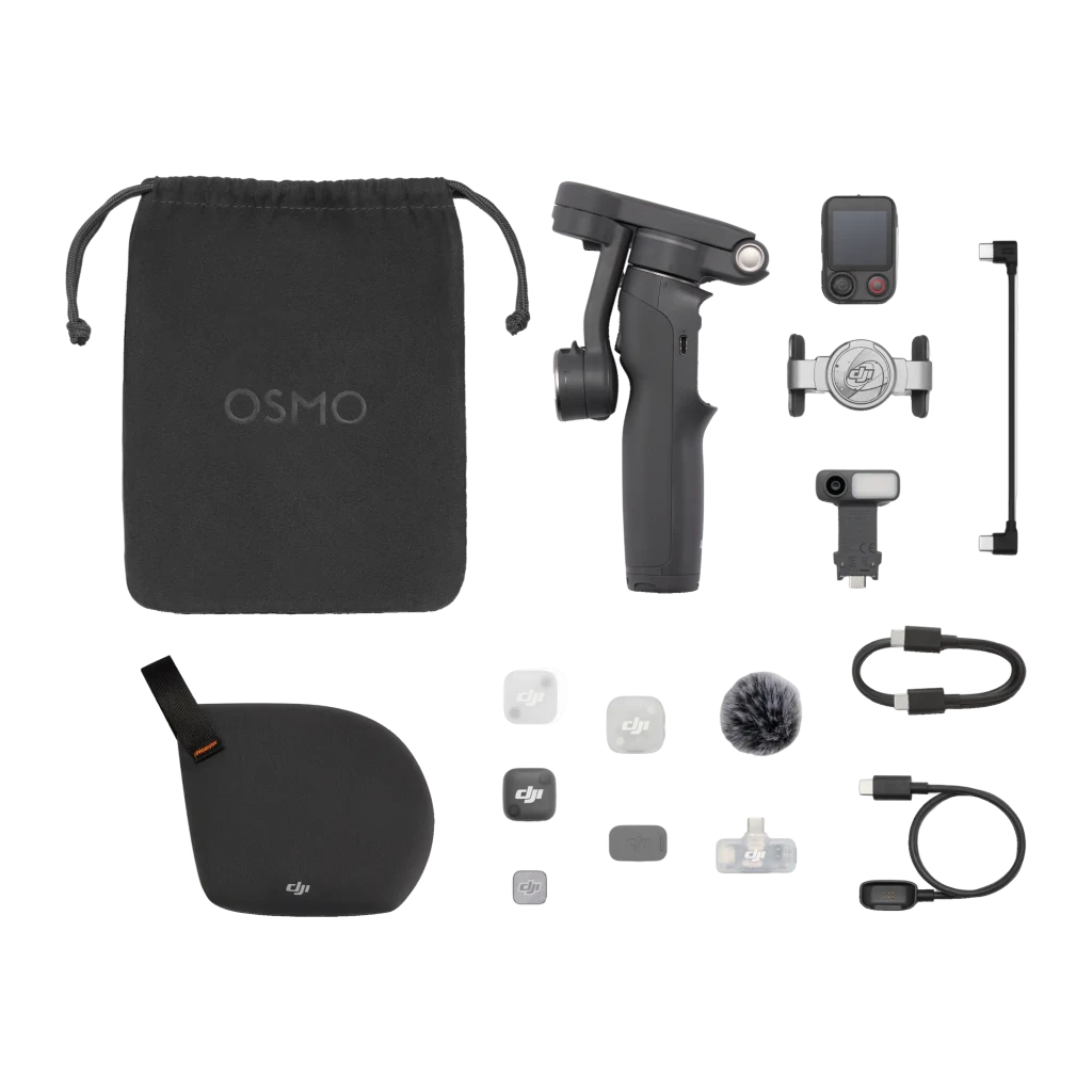 Gimbal DJI Osmo Mobile 8P Creator Combo Noir 0,3kg Pliable 10h, contenu: gimbal, pochette, micro sans fil, accessoires