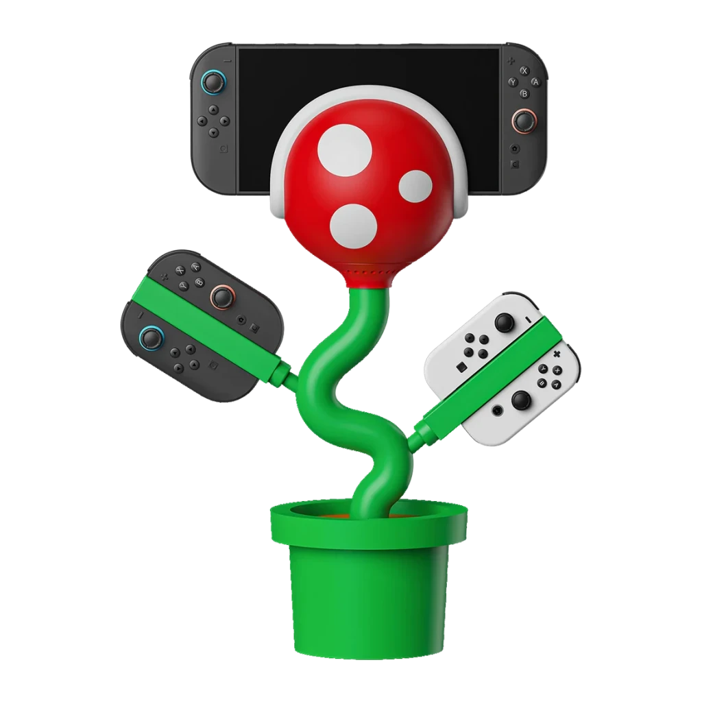 Dock POJUN Powkong Piranha PK02, vista frontal: design planta piranha com Switch e dois Joy-Con nos braços verdes