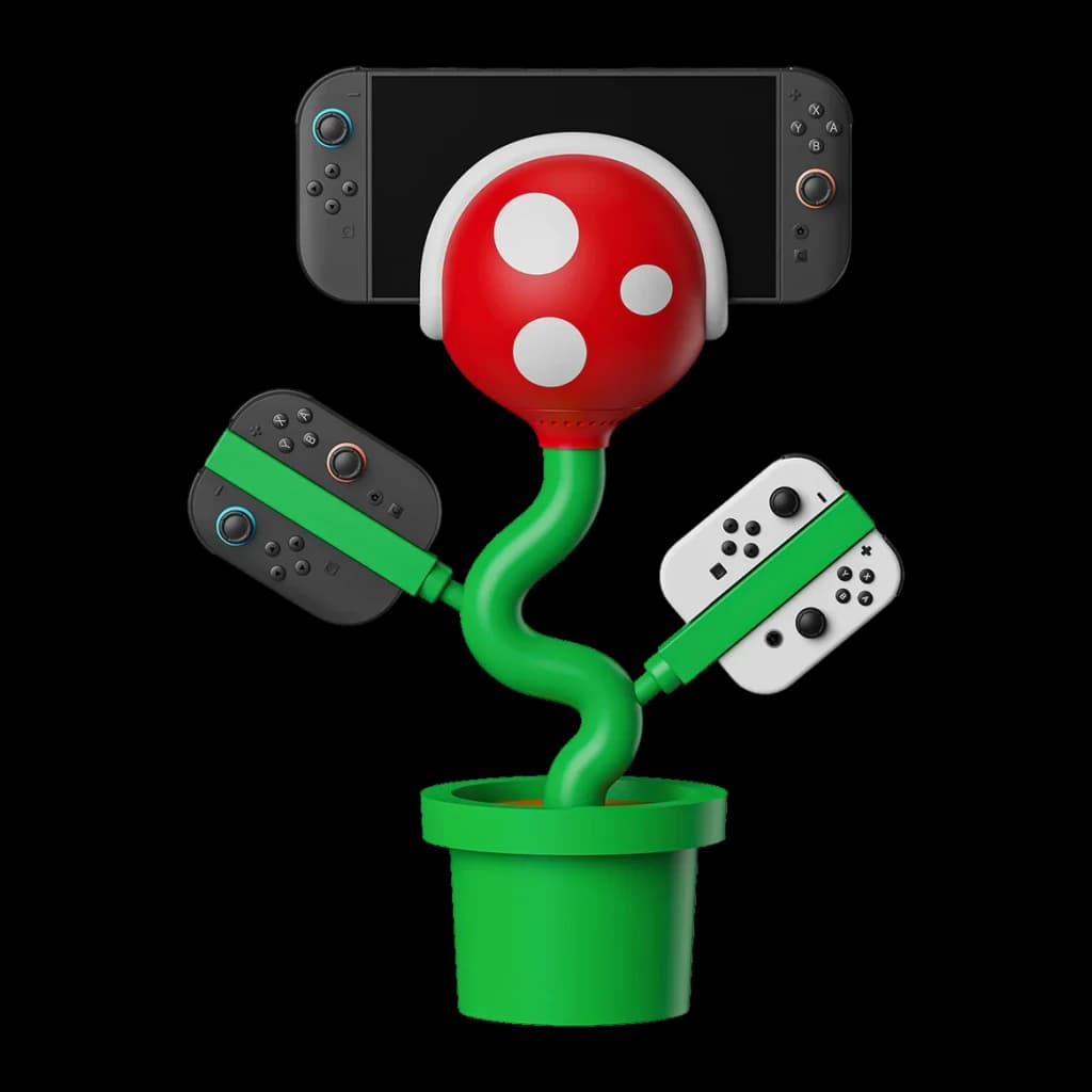 Dock POJUN Powkong Piranha PK02, vista frontal: design planta piranha com Switch e dois Joy-Con nos braços verdes