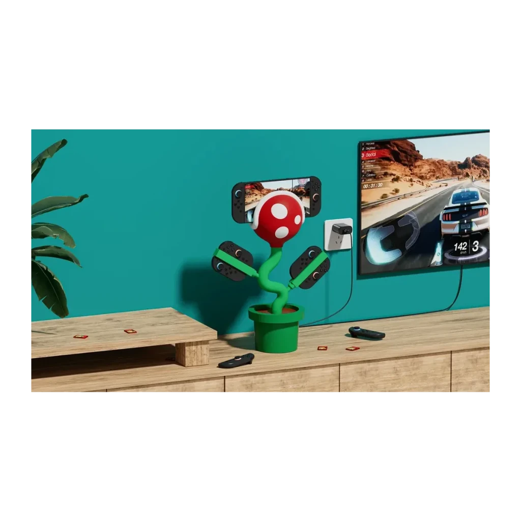 Dock POJUN Powkong Piranha PK02, vista lifestyle: dock em forma de planta piranha com consola, ligado a TV com jogo