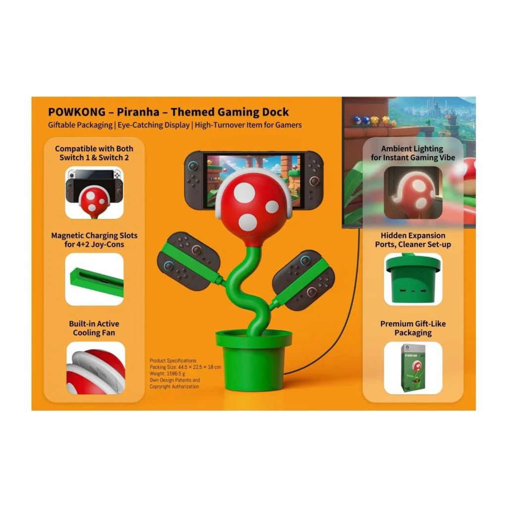 Dock POJUN Powkong Piranha PK02, infográfico: planta Piranha com Switch, slots Joy-Con magnéticos e iluminação ambiente