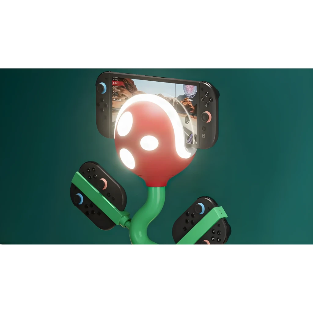Dock POJUN Powkong Piranha PK02, vista frontal: design planta piranha com luz LED, haste verde e controles Joy-Con