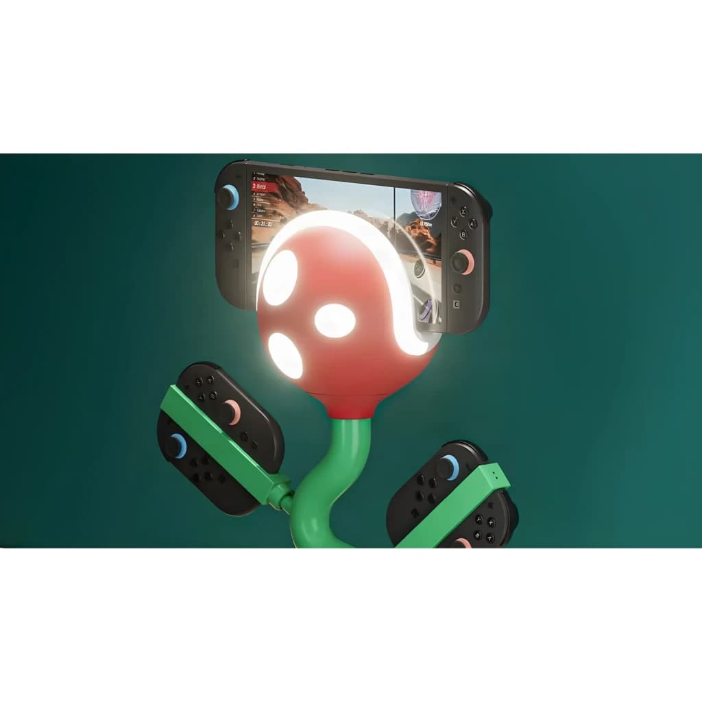Dock POJUN Powkong Piranha PK02, vista frontal: design planta piranha com luz LED, haste verde e controles Joy-Con