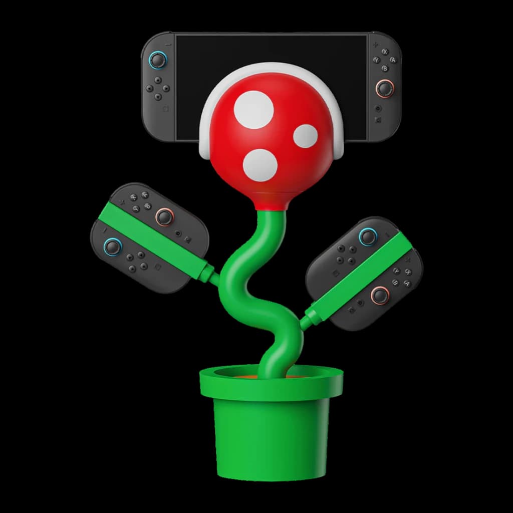 Estação de carregamento Powkong Piranha for Switch 2 All-in-One Hybrid Station, vista frontal: design planta piranha