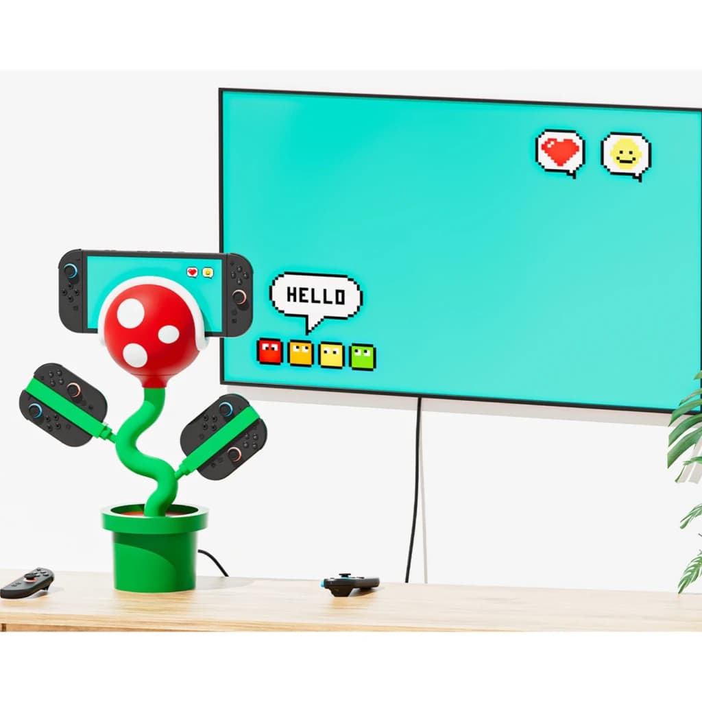 Estação de carregamento Powkong Piranha for Switch 2 All-in-One Hybrid Station, vista lifestyle: design planta piranha