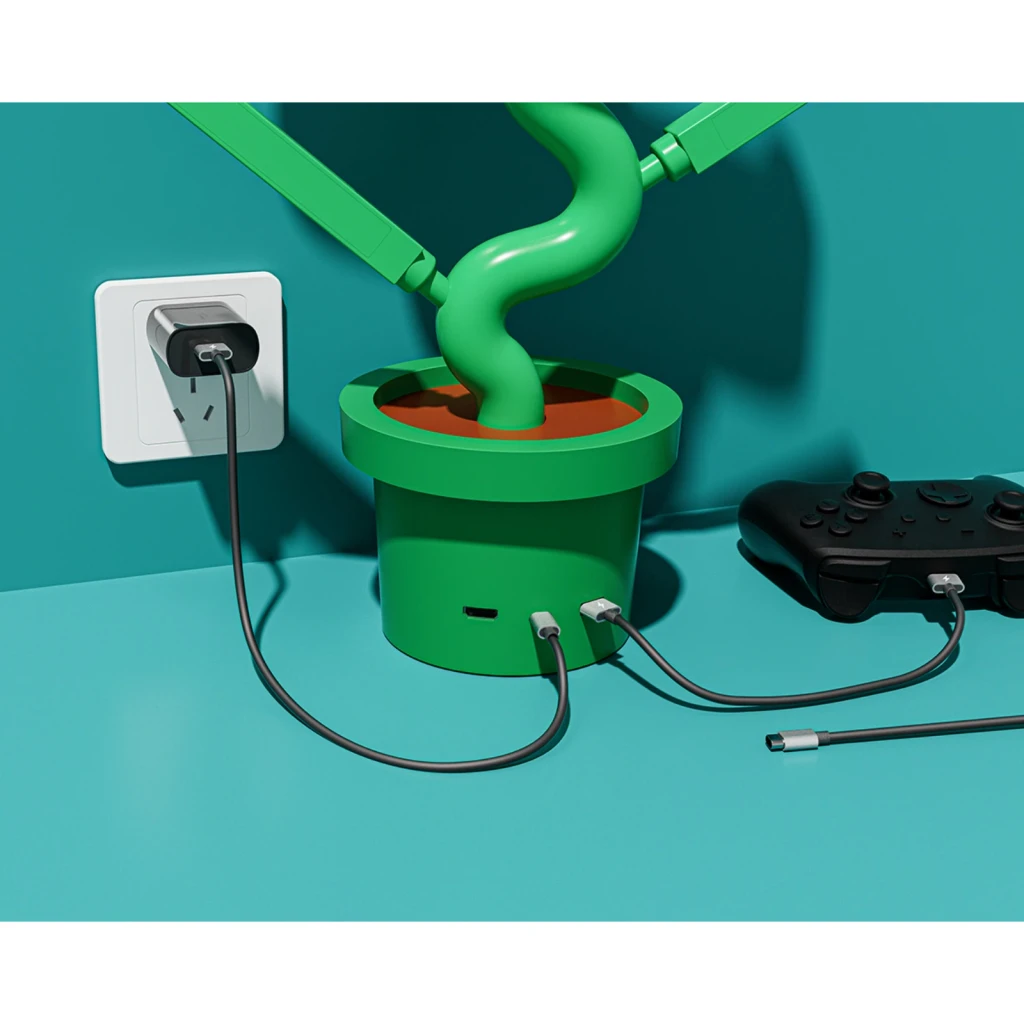 Estação de carregamento Powkong Piranha for Switch 2 All-in-One Hybrid Station, vista lateral: base verde com portas USB-C