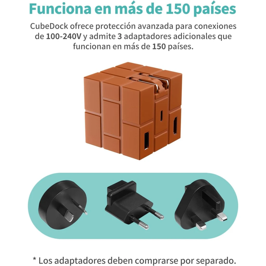 Carregador Powkong Pipe-dock Portátil All-in-One GaN 65 W USB-C PD em formato de bloco marrom com múltiplas portas e cabo USB-C verde incluído - Item4