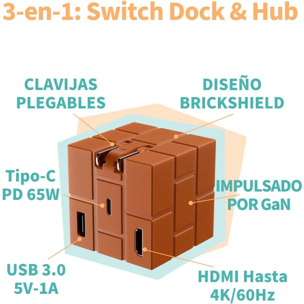 Carregador Powkong Pipe-dock Portátil All-in-One GaN 65 W USB-C PD em formato de bloco marrom com múltiplas portas e cabo USB-C verde incluído - Item2