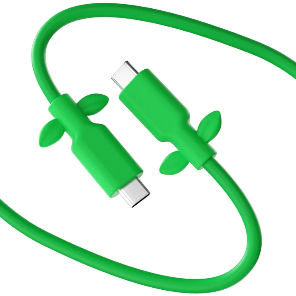 Cabo Powkong Vine USB-C para USB-C verde com folhas decorativas, três segmentos trançados, conectores reforçados, suporte a 240W e 65W fast charge - Item5