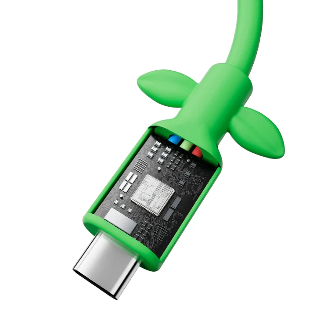 Cabo Powkong Vine USB-C para USB-C verde com folhas decorativas, três segmentos trançados, conectores reforçados, suporte a 240W e 65W fast charge - Item1