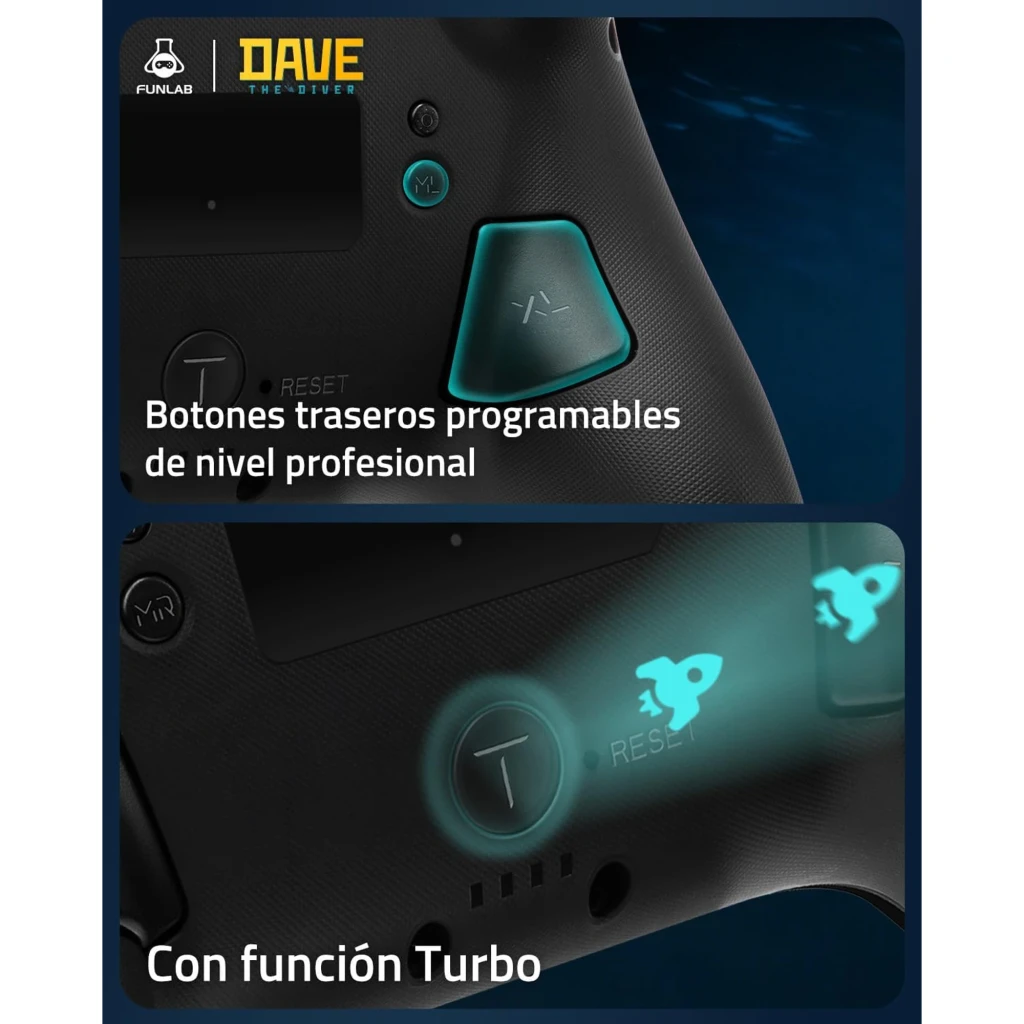 Mando Funlab Luminex Pro Wireless Switch con base de carga, diseño Dave Collab neon multicolor con ilustraciones marinas y personaje, botones ABXY negros - Ítem7