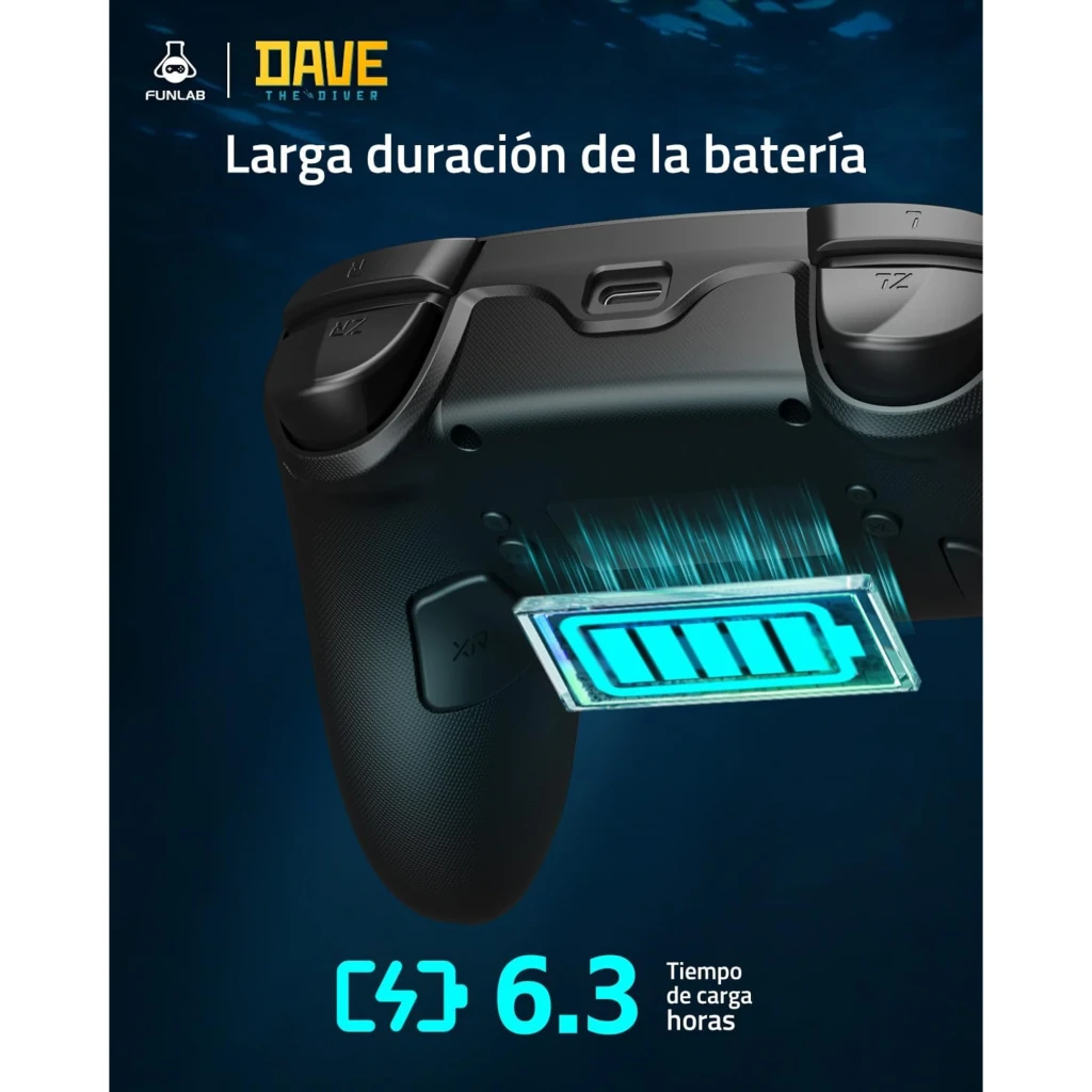 Mando Funlab Luminex Pro Wireless Switch con base de carga, diseño Dave Collab neon multicolor con ilustraciones marinas y personaje, botones ABXY negros - Ítem6
