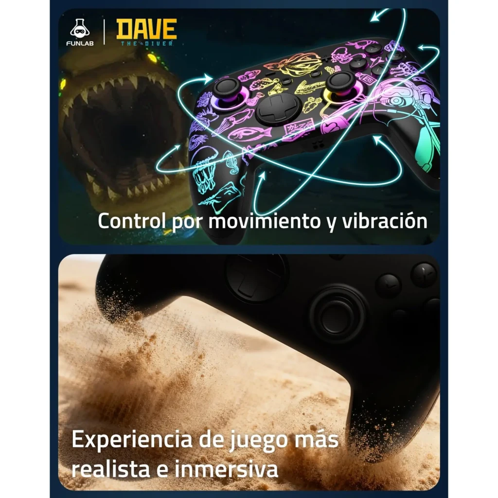Mando Funlab Luminex Pro Wireless Switch con base de carga, diseño Dave Collab neon multicolor con ilustraciones marinas y personaje, botones ABXY negros - Ítem5