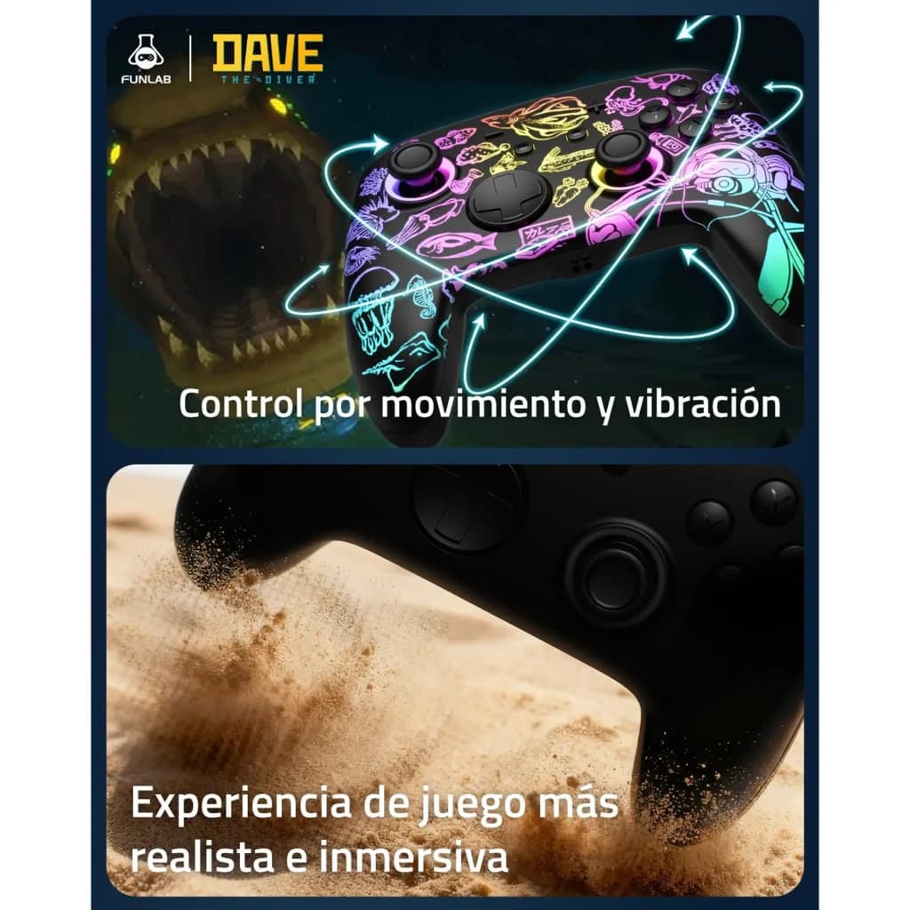 Comando Funlab Luminex Pro Wireless Switch com base de carregamento, edição Dave, com luzes neon, ilustrações temáticas, controle por movimento e