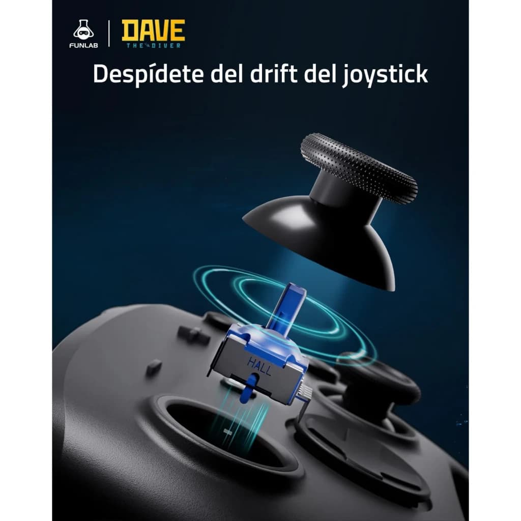 Comando Funlab Luminex Pro Wireless Switch com stick modular, sensor Hall azul antideriva, faceplates pretos e base de carregamento colaborativa Dave