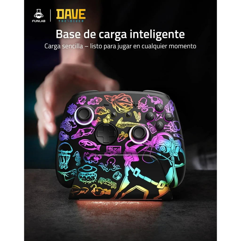Mando Funlab Luminex Pro Wireless Switch con base de carga, diseño Dave Collab neon multicolor con ilustraciones marinas y personaje, botones ABXY negros - Ítem1