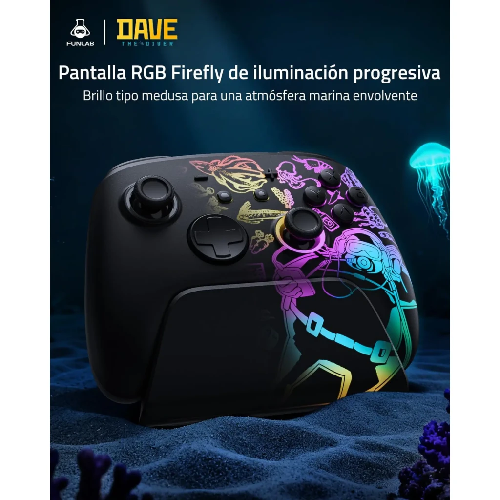 Mando Funlab Luminex Pro Wireless Switch con base de carga, diseño Dave Collab neon multicolor con ilustraciones marinas y personaje, botones ABXY negros - Ítem2