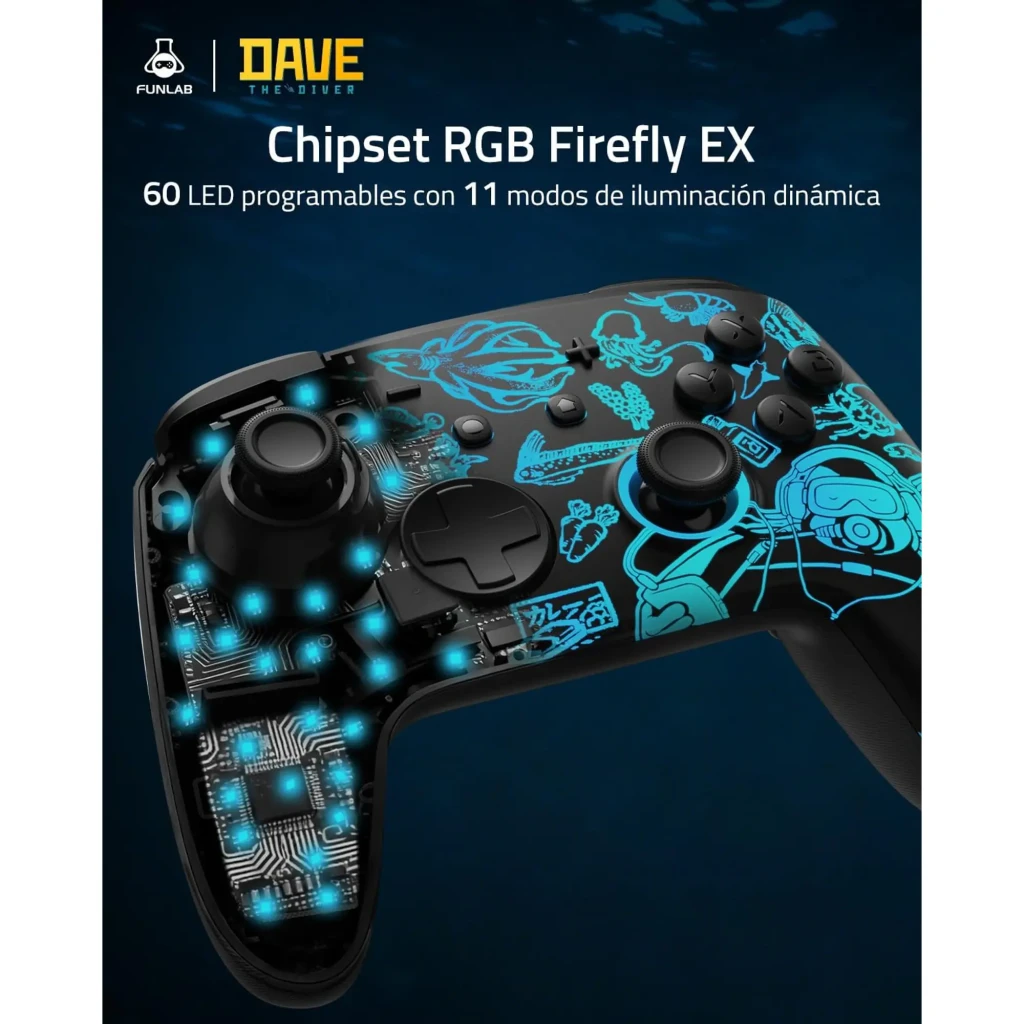 Mando Funlab Luminex Pro Wireless Switch con base de carga, diseño Dave Collab neon multicolor con ilustraciones marinas y personaje, botones ABXY negros - Ítem3