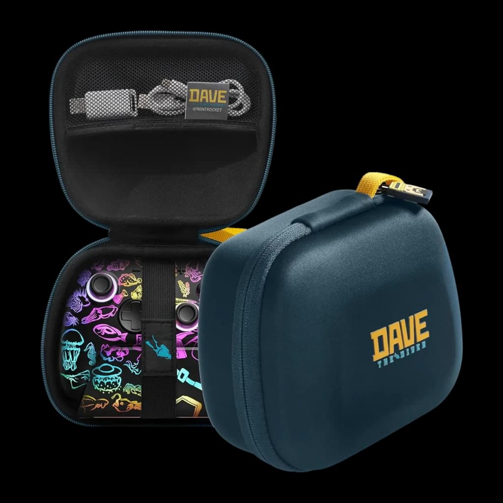 Funda FUNLAB Dave Collab Edition para mando Switch PS5 XBOX, rígida azul con logo DAVE, cierre seguro, interior con iconos neón y bolsillo de malla con correa