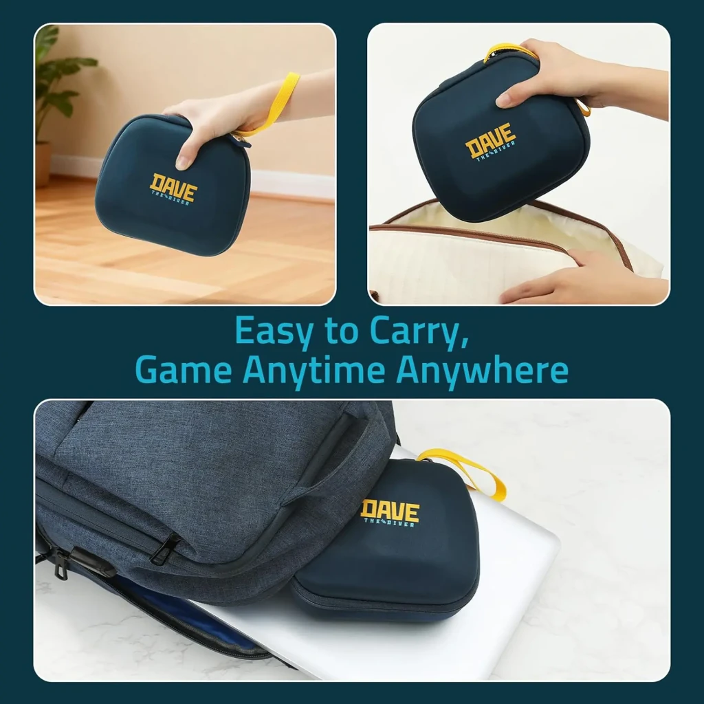 Funda FUNLAB Dave Collab Edition para mando Switch PS5 XBOX, rígida azul con logo DAVE, cierre seguro, interior con iconos neón y bolsillo de malla con correa - Ítem2