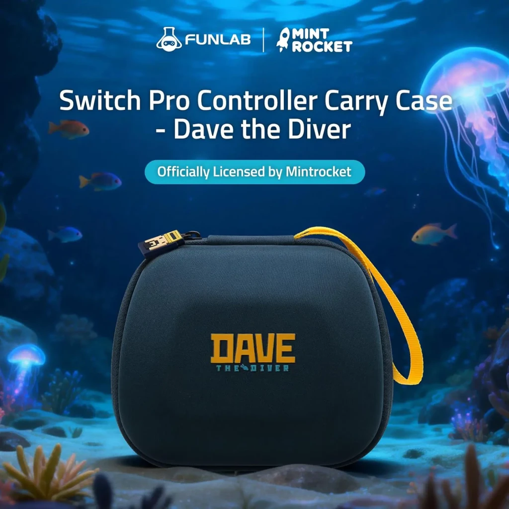 Funda FUNLAB Dave Collab Edition para mando Switch PS5 XBOX, rígida azul con logo DAVE, cierre seguro, interior con iconos neón y bolsillo de malla con correa - Ítem3