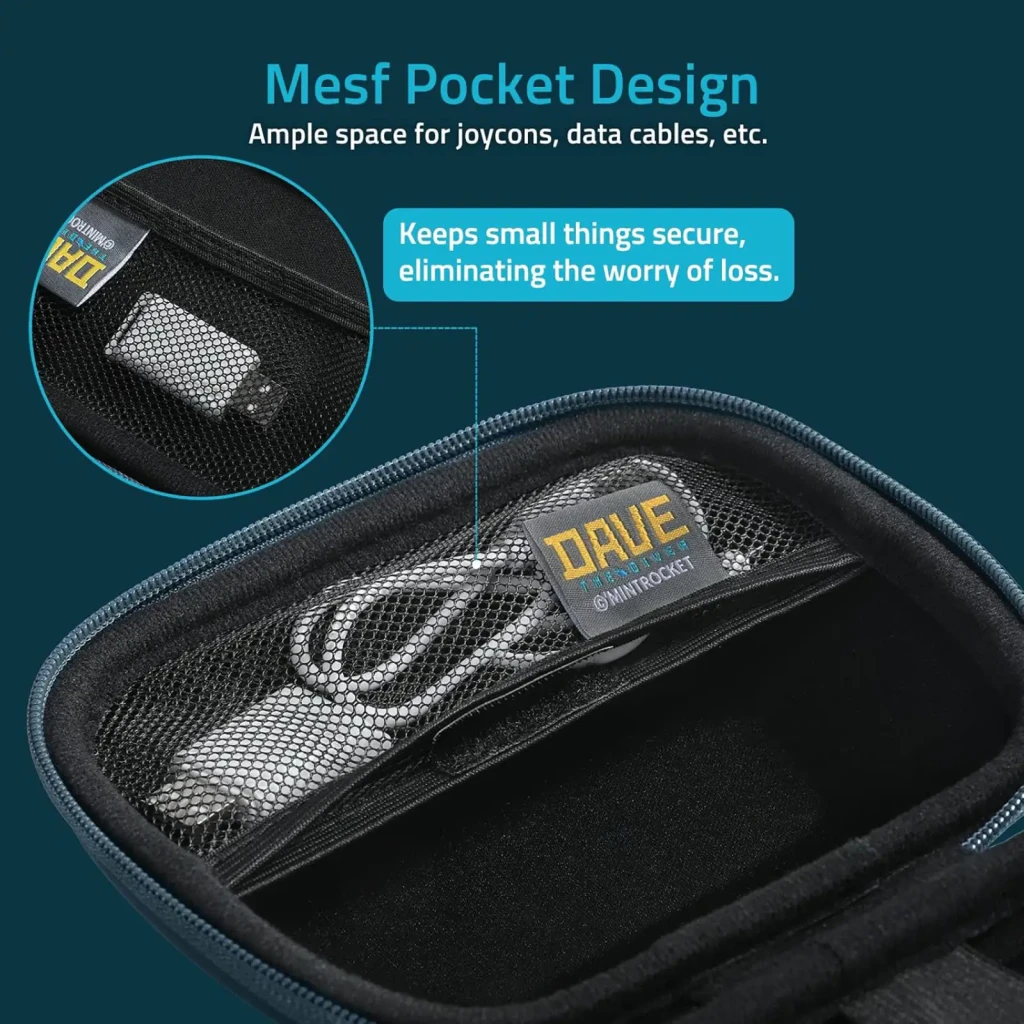 Funda FUNLAB Dave Collab Edition para mando Switch PS5 XBOX, rígida azul con logo DAVE, cierre seguro, interior con iconos neón y bolsillo de malla con correa - Ítem4