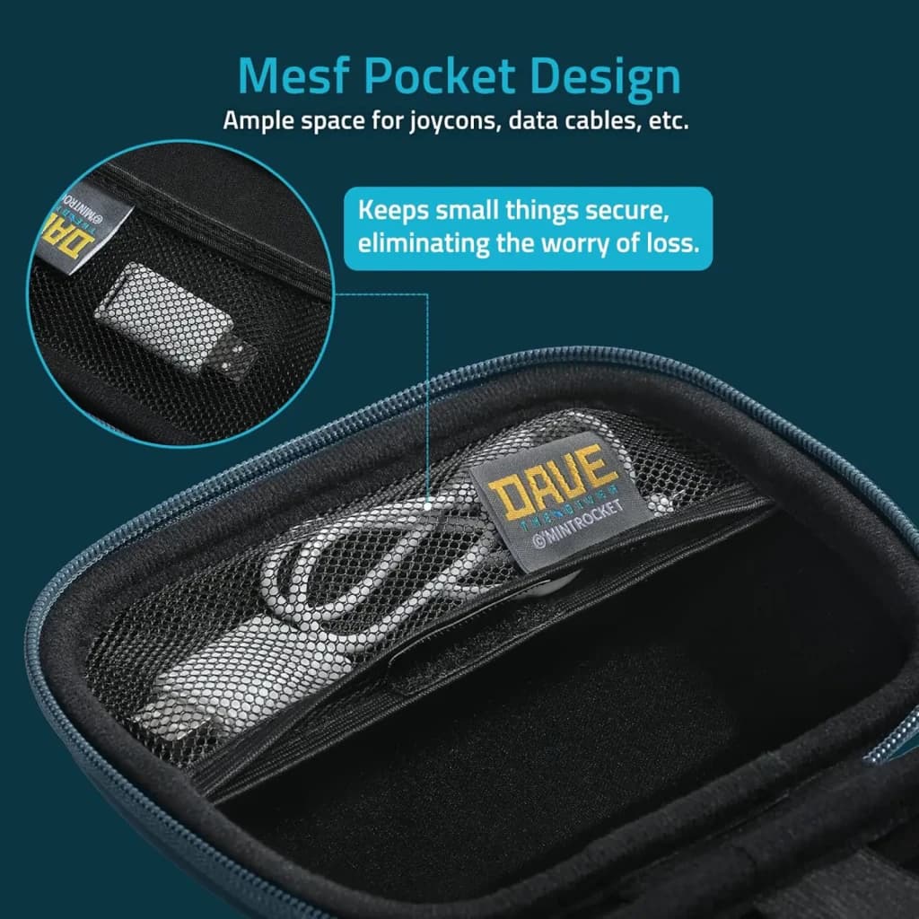 Bolsillo de malla interior con cremallera en funda FUNLAB Dave Collab Edition, ideal para joy-cons, cables y accesorios; mantiene objetos seguros y organizados.
