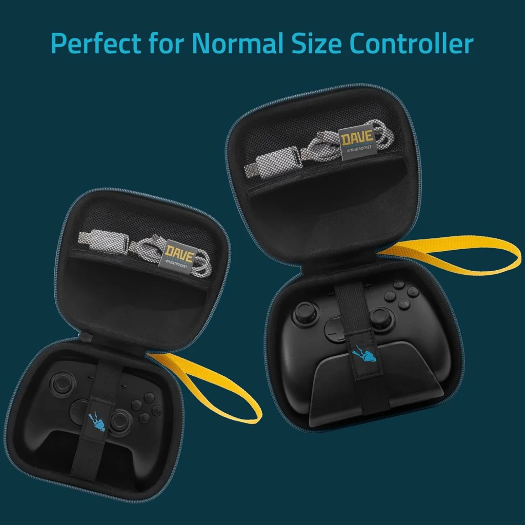 Funda FUNLAB Dave Collab Edition para mando Switch PS5 XBOX, rígida azul con logo DAVE, cierre seguro, interior con iconos neón y bolsillo de malla con correa - Ítem1