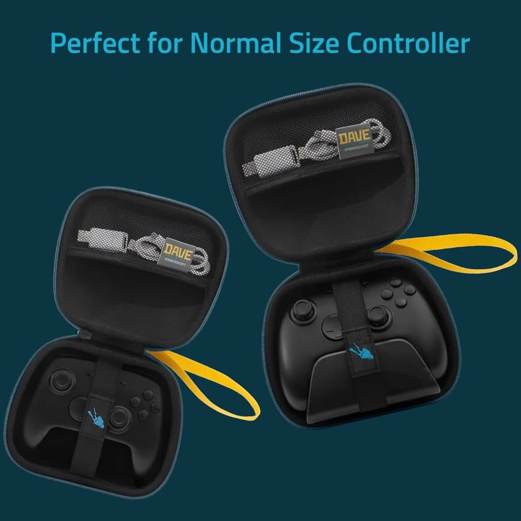 Funda FUNLAB para Mando Inalámbrico Switch/PS5/XBOX Dave Collab Edition con estuche rígido negro, correa elástica, bolsillo para cable y asa amarilla