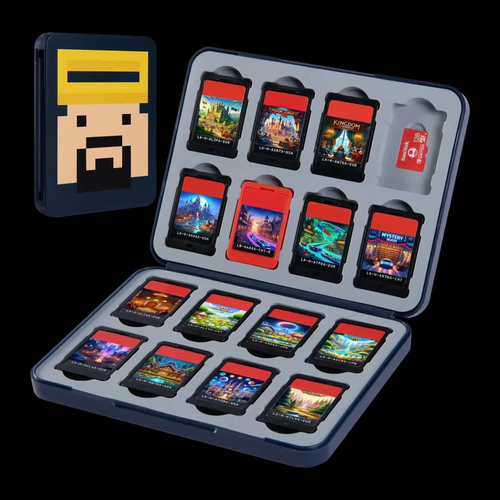 Porta-cartões FUNLAB Switch Game Card Holder Dave Collab Edition com capa pixel art de Dave e estojo aberto com slots moldados para múltiplos cartuchos Switch