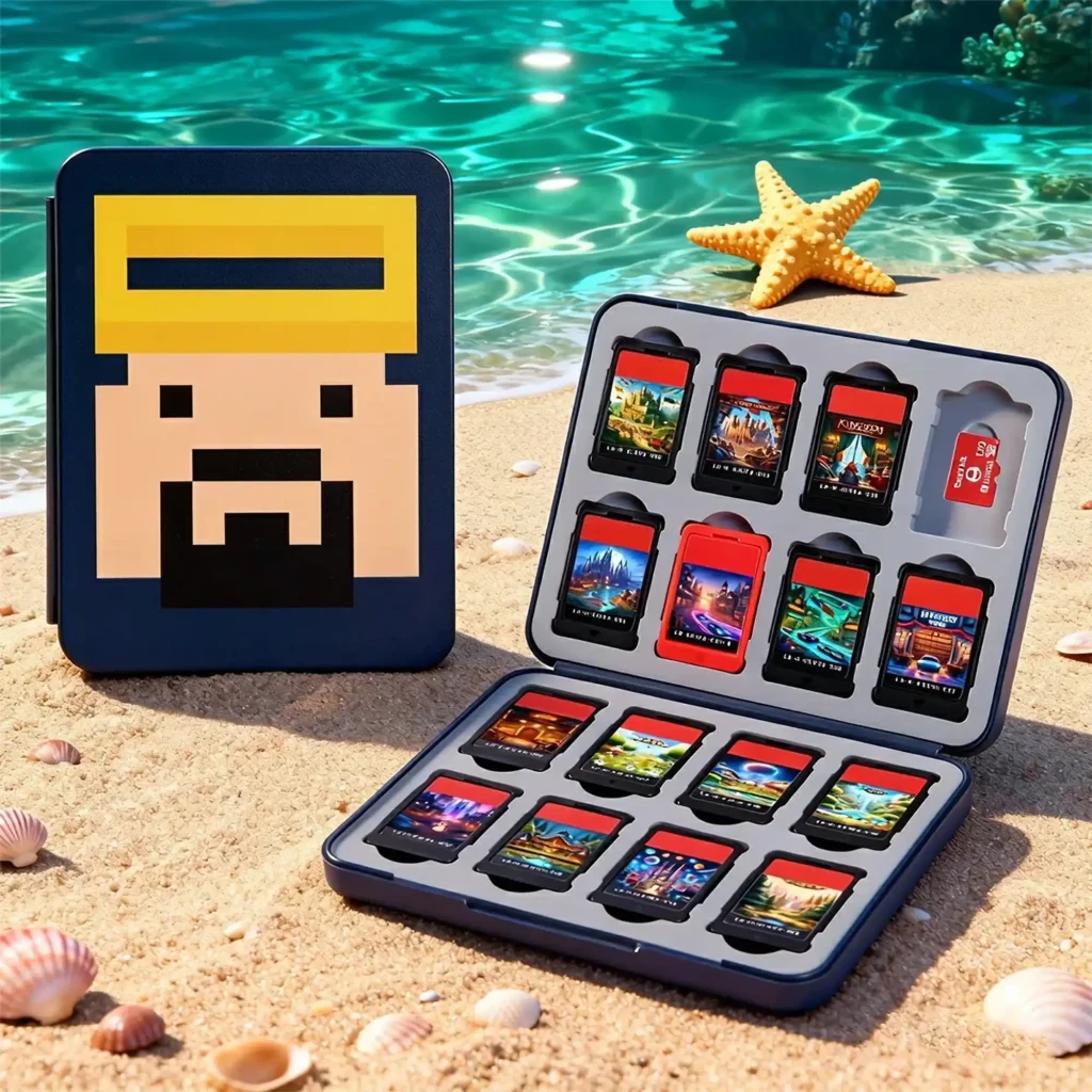 Estuche FUNLAB Switch Game Card Holder Dave Collab Edition con 24 ranuras para tarjetas y microSD, diseño pixelado de Dave y cierre magnético compacto - Ítem1