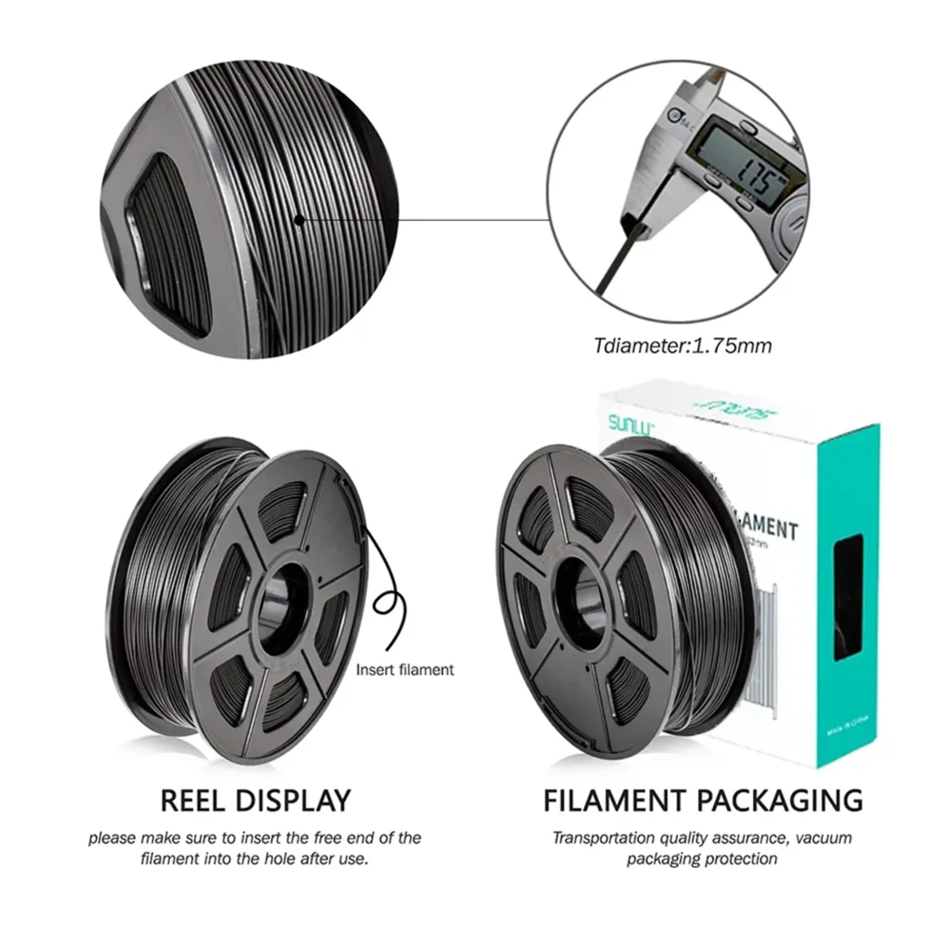 Carretel de filamento PLA+ preto SUNLU 1,75 mm 1 kg, acabamento uniforme, bobina robusta com enrolamento regular e tolerância ±0,02 mm - Item4