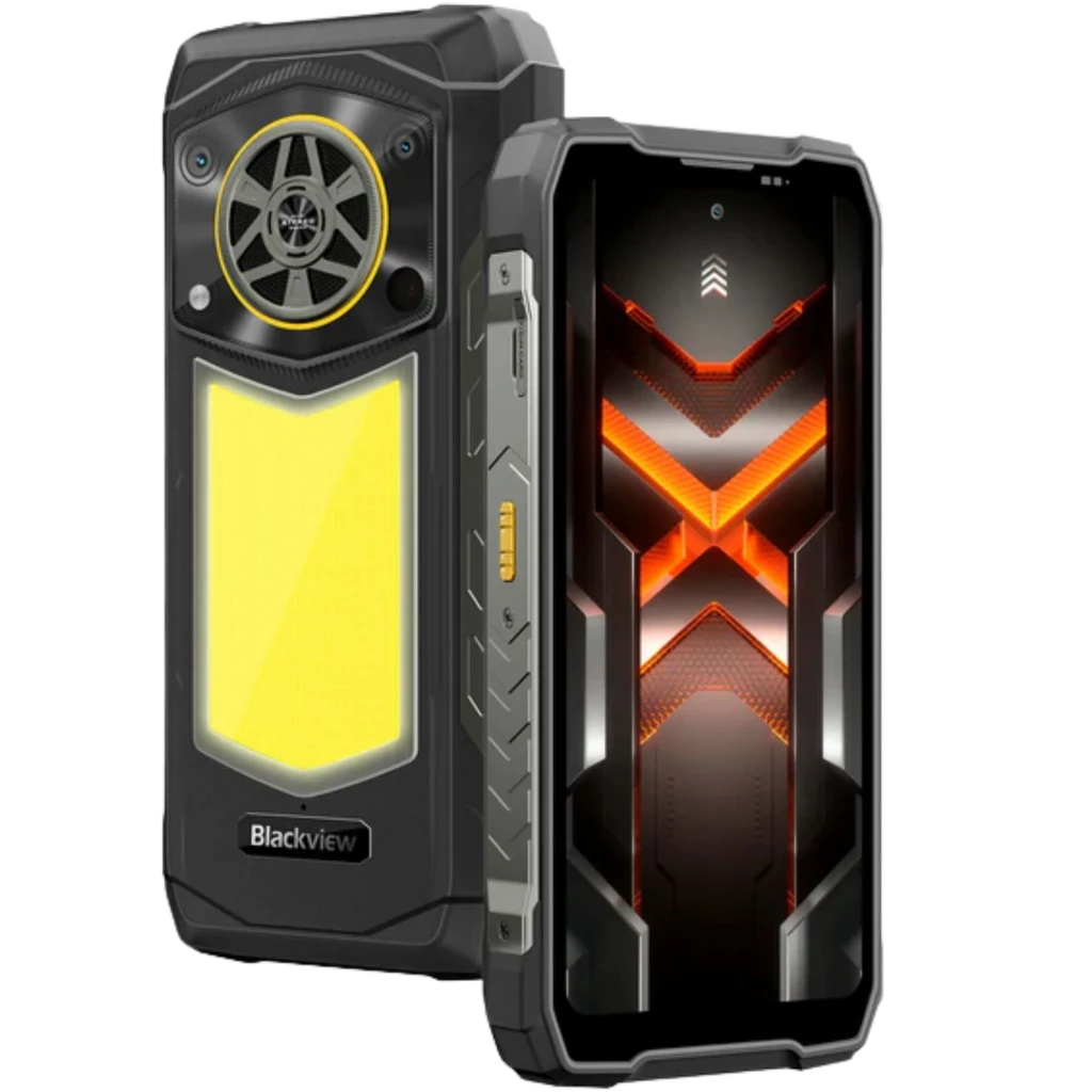 Blackview Rock 5 4G 256GB Preto com corpo robusto, moldura reforçada, tela com grafismo vermelho e laranja, módulo de câmera circular e painel traseiro - Item7