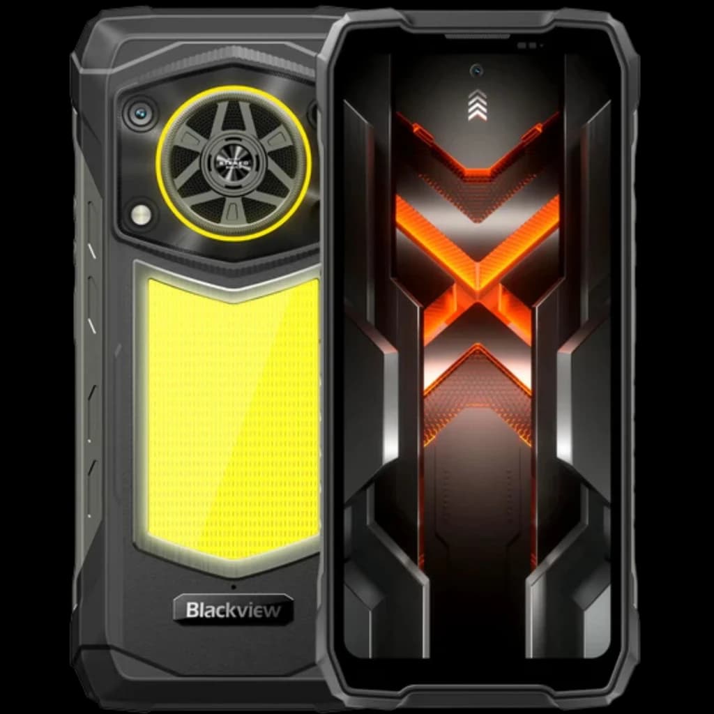 Blackview Rock 5 4G 256GB Negro, 12 GB RAM y batería 20000 mAh; diseño robusto, frontal con pantalla luminosa y trasera con altavoz circular amarillo