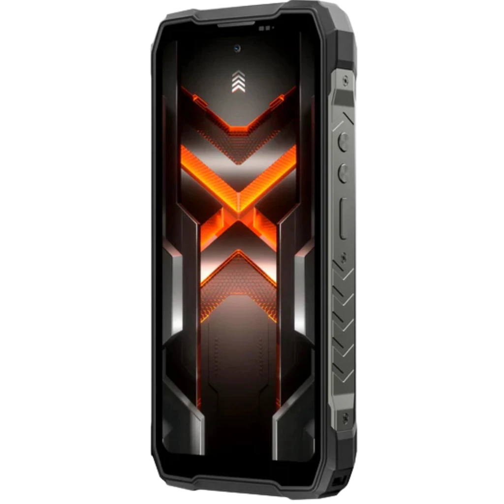 Blackview Rock 5 4G 256GB Preto com corpo robusto, moldura reforçada, tela com grafismo vermelho e laranja, módulo de câmera circular e painel traseiro - Item2