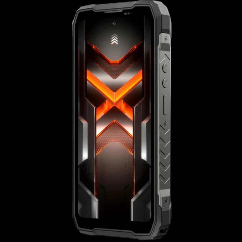 Blackview Rock 5 4G 256GB Negro con diseño rugerizado, bordes reforzados, pantalla con patrón X naranja, botones laterales y cuerpo robusto con agarre