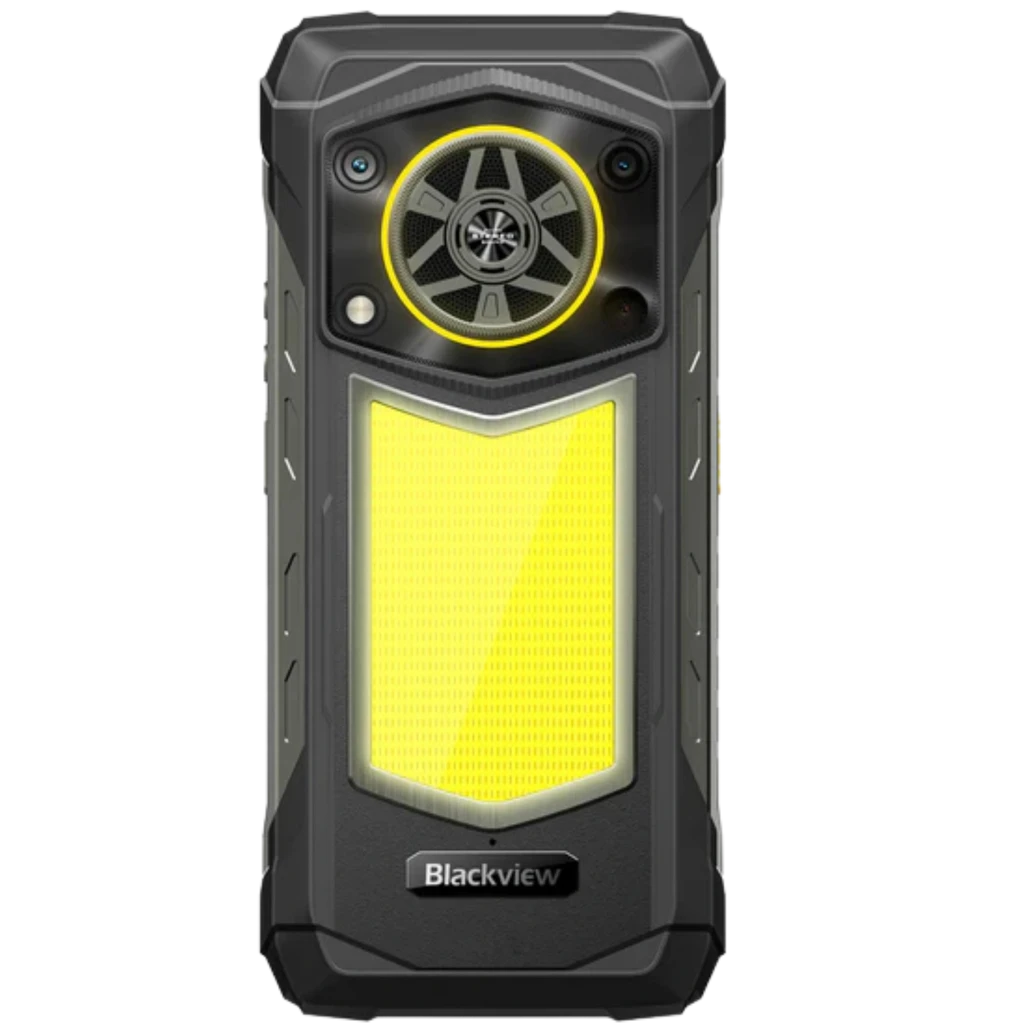 Blackview Rock 5 4G preto, design robusto com laterais reforçadas, traseira amarela com alto-falante grande e câmera, tela frontal com grafismo luminoso - Item4