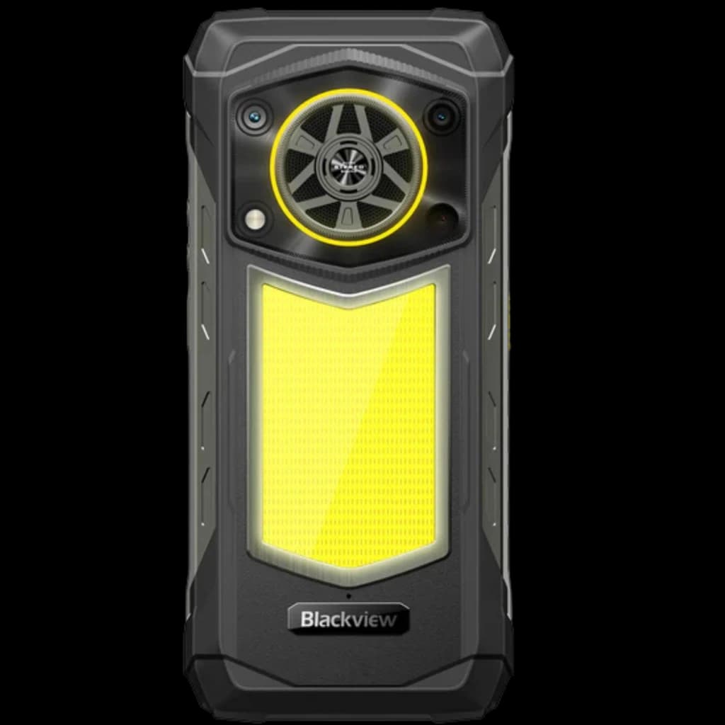Blackview Rock 5 4G negro con panel trasero amarillo, diseño rugerizado, gran altavoz circular con aro LED, doble cámara y bordes reforzados