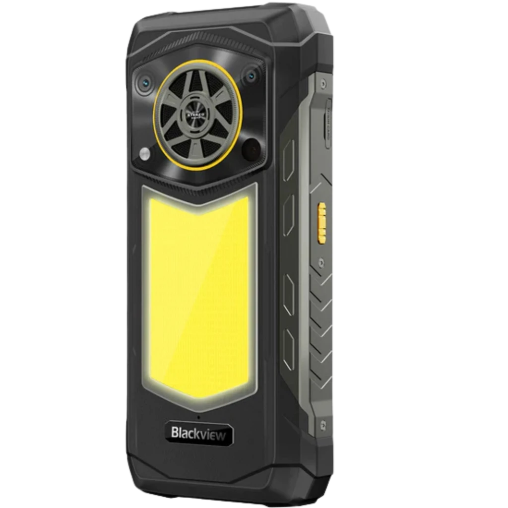 Blackview Rock 5 4G preto, design robusto com laterais reforçadas, traseira amarela com alto-falante grande e câmera, tela frontal com grafismo luminoso - Item6