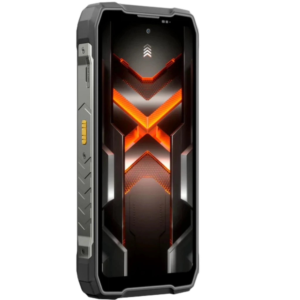 Blackview Rock 5 4G preto, design robusto com laterais reforçadas, traseira amarela com alto-falante grande e câmera, tela frontal com grafismo luminoso - Item1