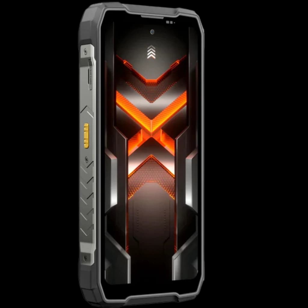 Blackview Rock 5 4G 256GB Negro con diseño robusto, bordes reforzados, pantalla con gráficos naranjas en X, botones laterales y conectores metálicos visibles