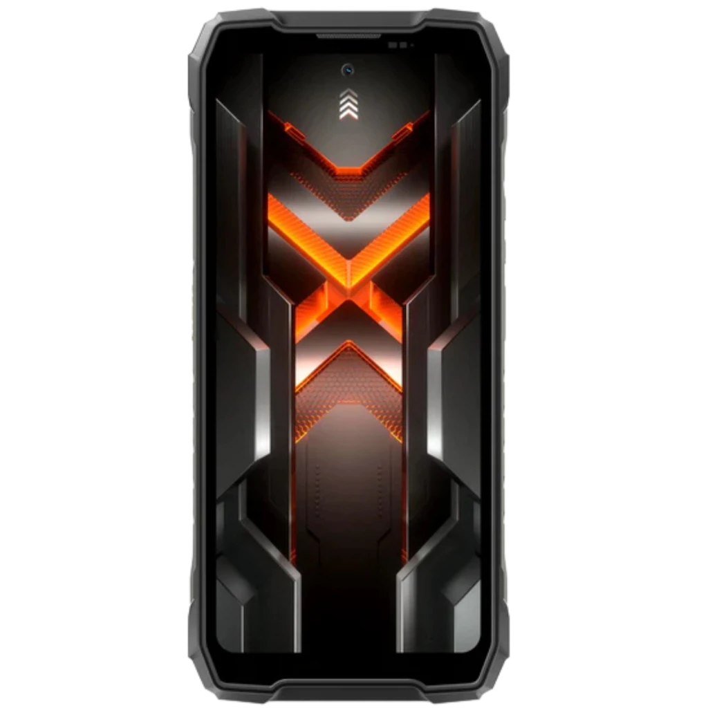 Blackview Rock 5 4G preto, design robusto com laterais reforçadas, traseira amarela com alto-falante grande e câmera, tela frontal com grafismo luminoso - Item3