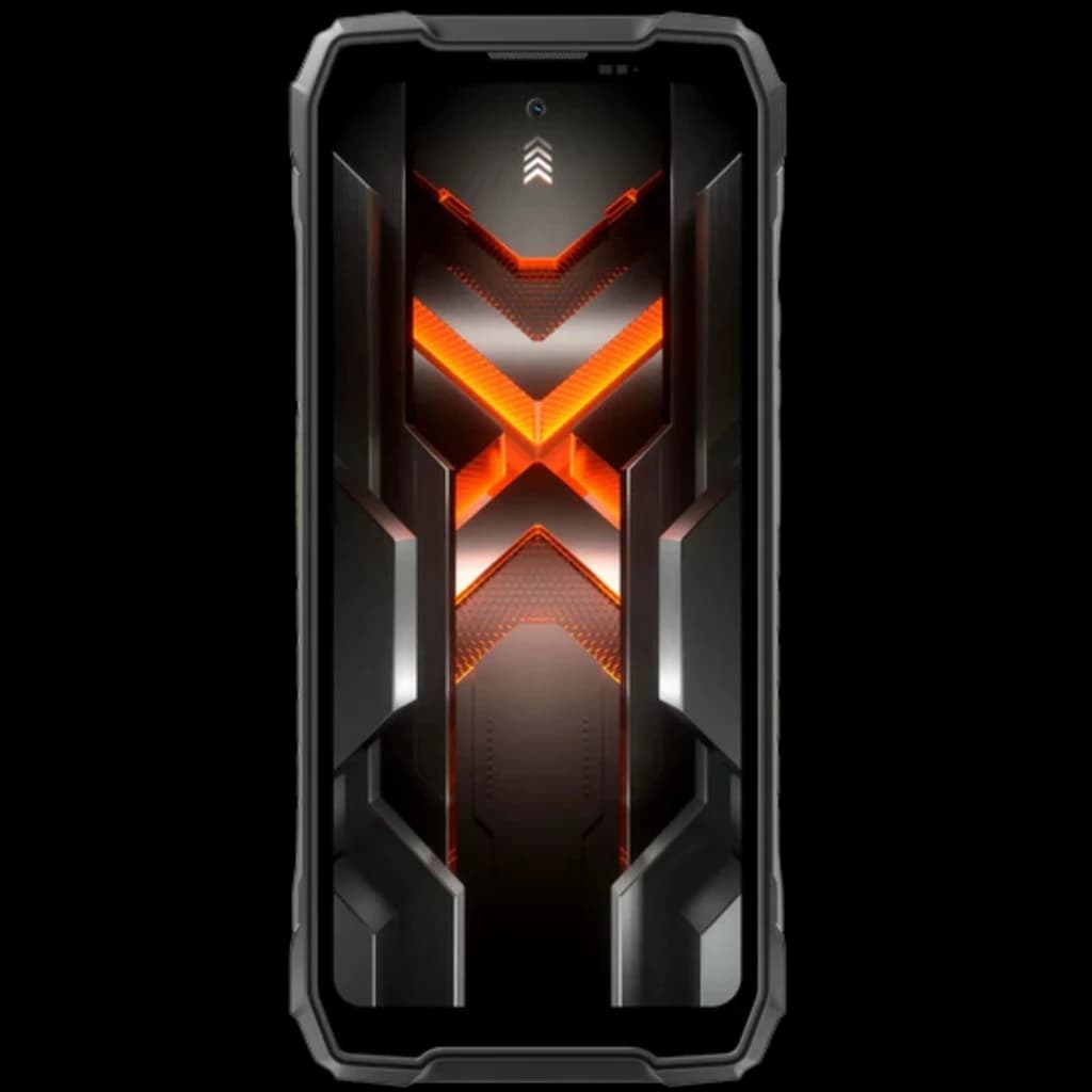 Blackview Rock 5 4G negro con diseño robusto, bordes reforzados y pantalla frontal con luces naranjas en forma de X, estilo industrial futurista