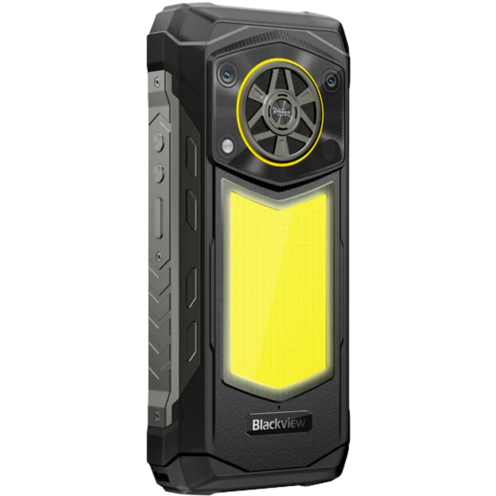 Blackview Rock 5 4G preto, design robusto com laterais reforçadas, traseira amarela com alto-falante grande e câmera, tela frontal com grafismo luminoso - Item5