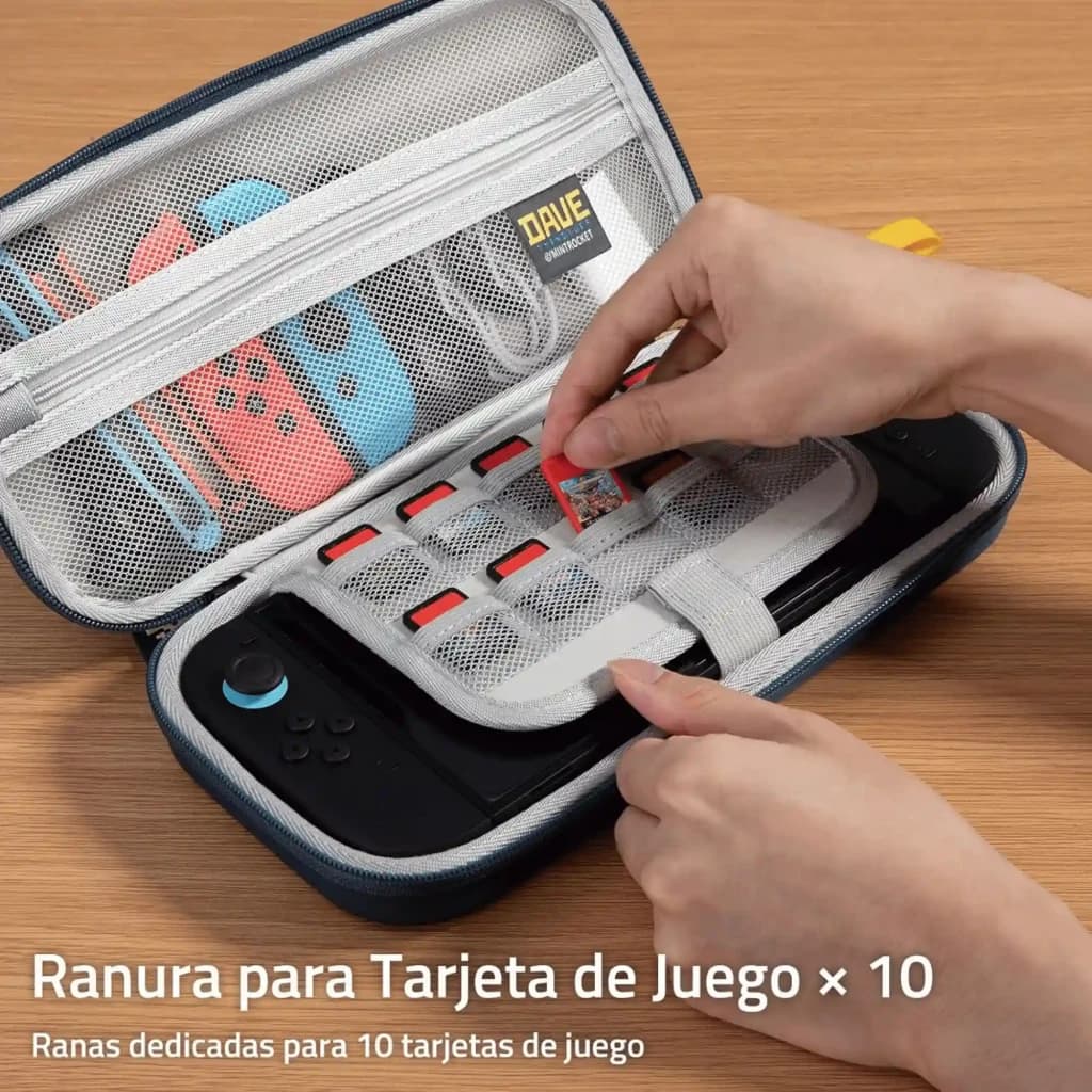 Estojo rígido FUNLAB Dave the Diver para Switch 2/1/OLED, em EVA cinza com zíper, bolso de malha e suporte para 10 cartuchos; interior preto com elástico