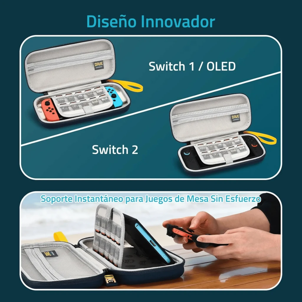 Estuche rígido azul con logo DAVE en amarillo, material EVA, cremallera doble con tiradores metálicos, correa amarilla y capacidad para 10 cartuchos de Switch - Ítem7