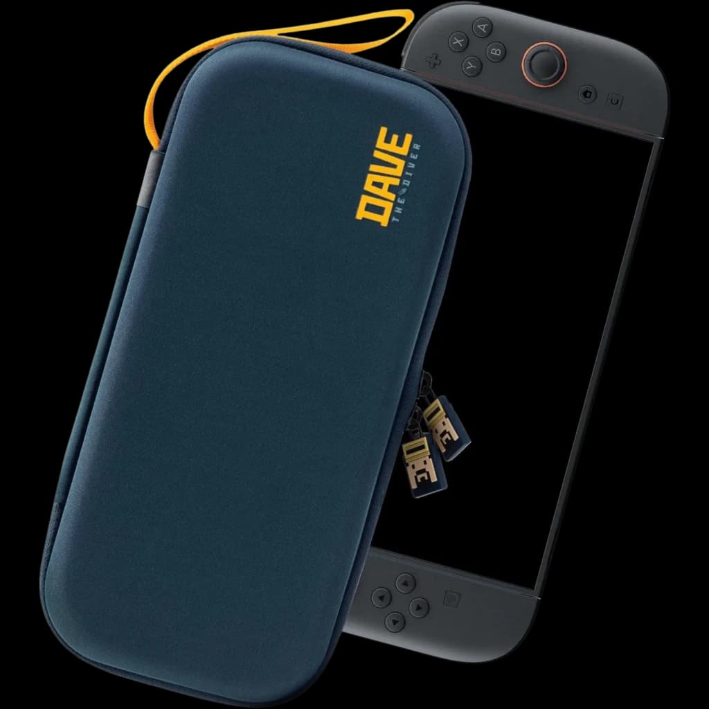 Estojo rígido azul FUNLAB Dave the Diver para Switch 2/1/OLED, com zíper duplo, alça amarela e 10 compartimentos internos para cartuchos