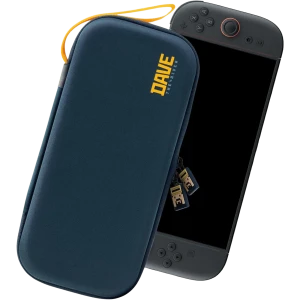 Estuche rígido azul con logo DAVE en amarillo, material EVA, cremallera doble con tiradores metálicos, correa amarilla y capacidad para 10 cartuchos de Switch