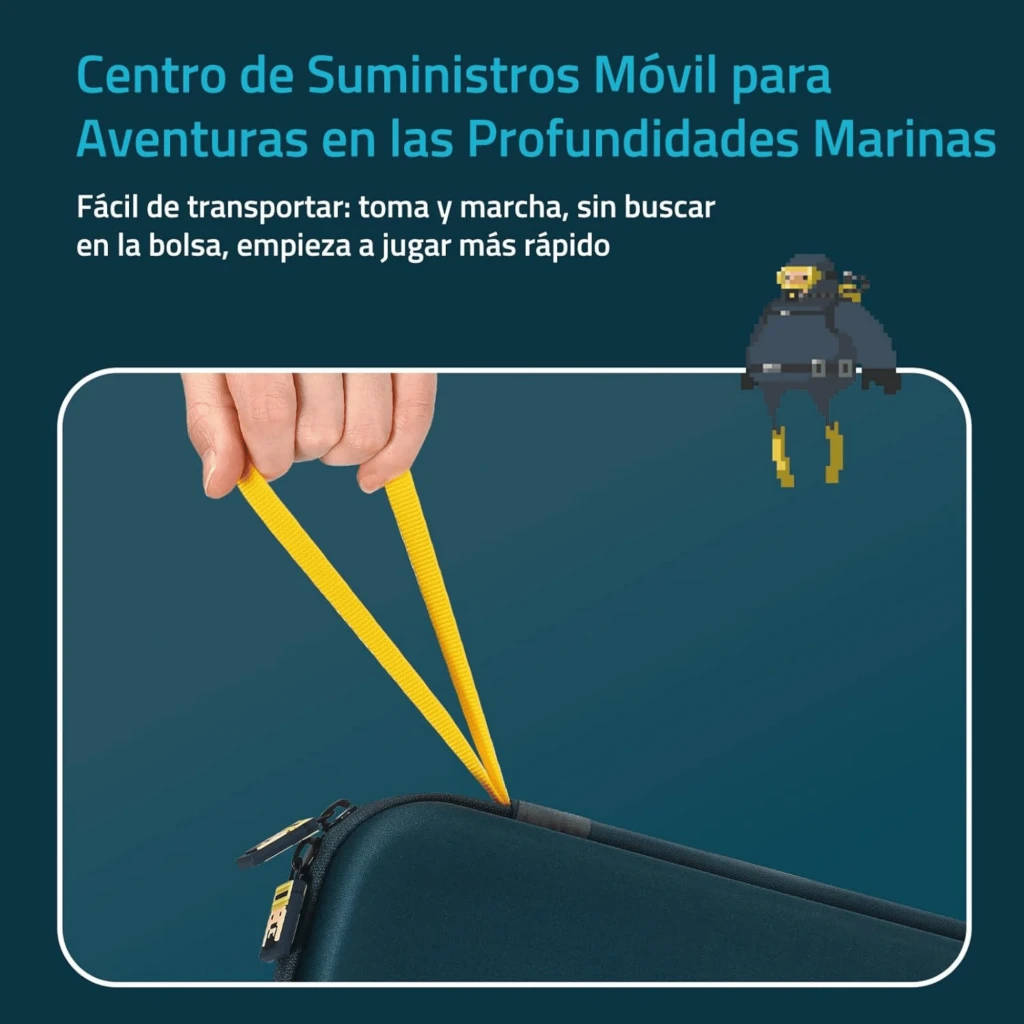 Estuche rígido azul con logo DAVE en amarillo, material EVA, cremallera doble con tiradores metálicos, correa amarilla y capacidad para 10 cartuchos de Switch - Ítem1
