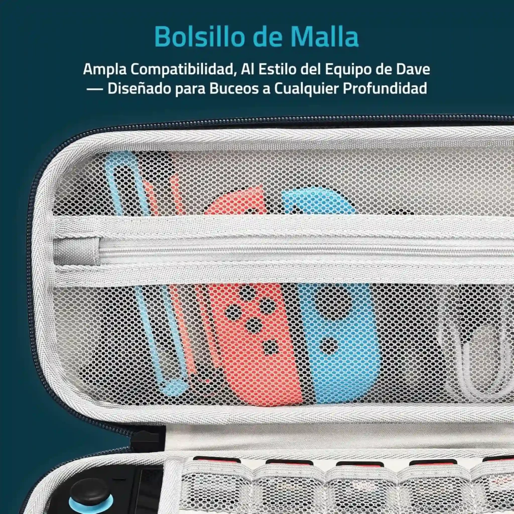 Estuche rígido azul con logo DAVE en amarillo, material EVA, cremallera doble con tiradores metálicos, correa amarilla y capacidad para 10 cartuchos de Switch - Ítem2